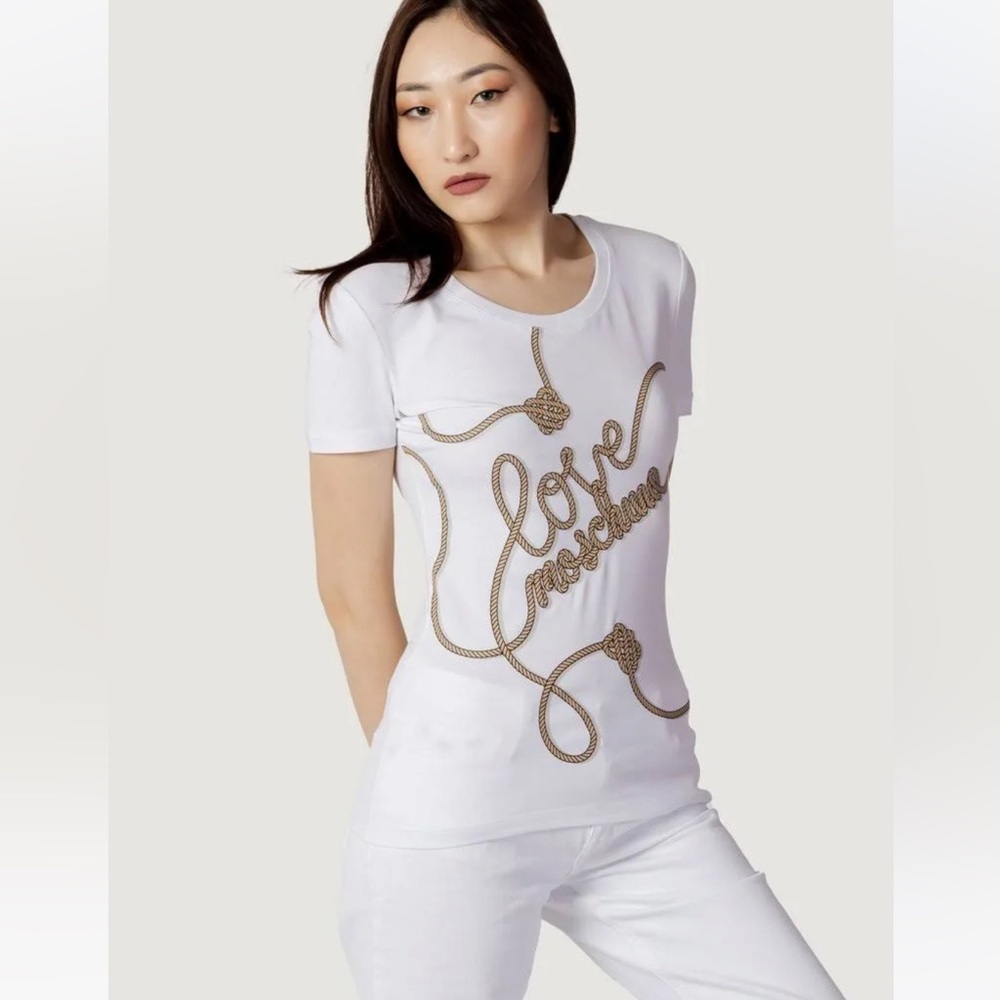 Love Moschino Cotton Graphic Nautical T-Shirt WhiteTan Stretch Preppy Top Crew 6
